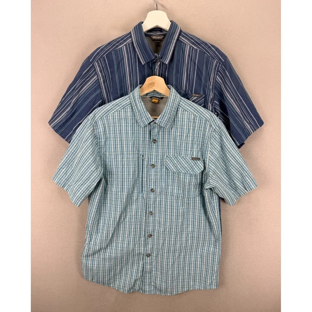 Eddie Bauer Men's Sz M Set Of Blue Striped & Plaid Button Up Pocket Front Shirts
